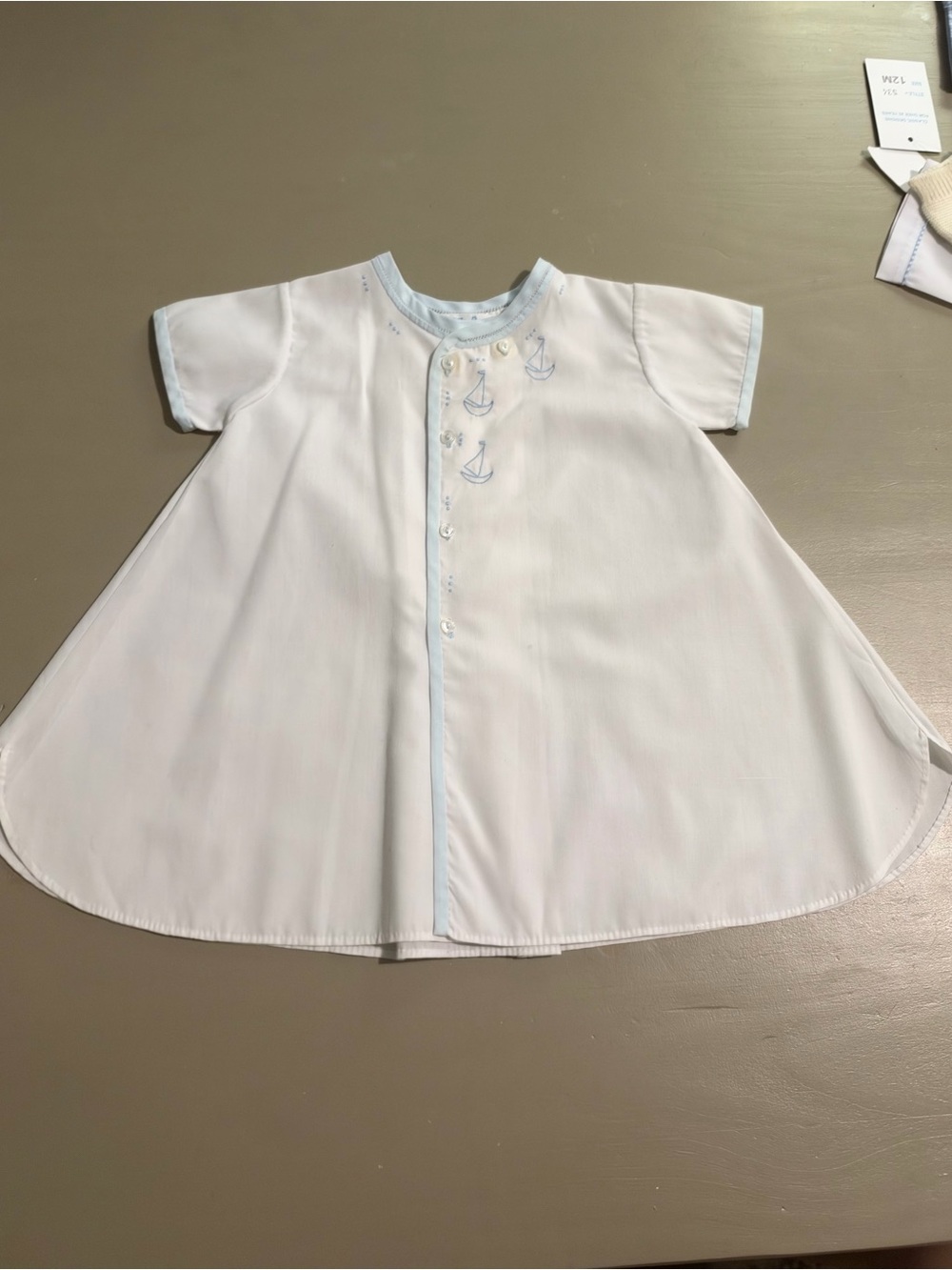 Feltman bros Classic White Nightgown, Light Blue Trim and Sailboat Embroidery